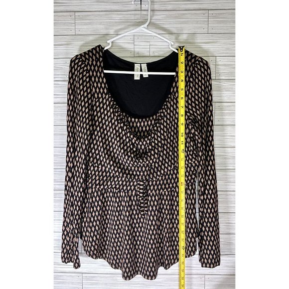 Meadow Rue Womens Josalyn Tie Front Blouse Size Medium Black Tan Long Sleeve Top - Picture 7 of 8
